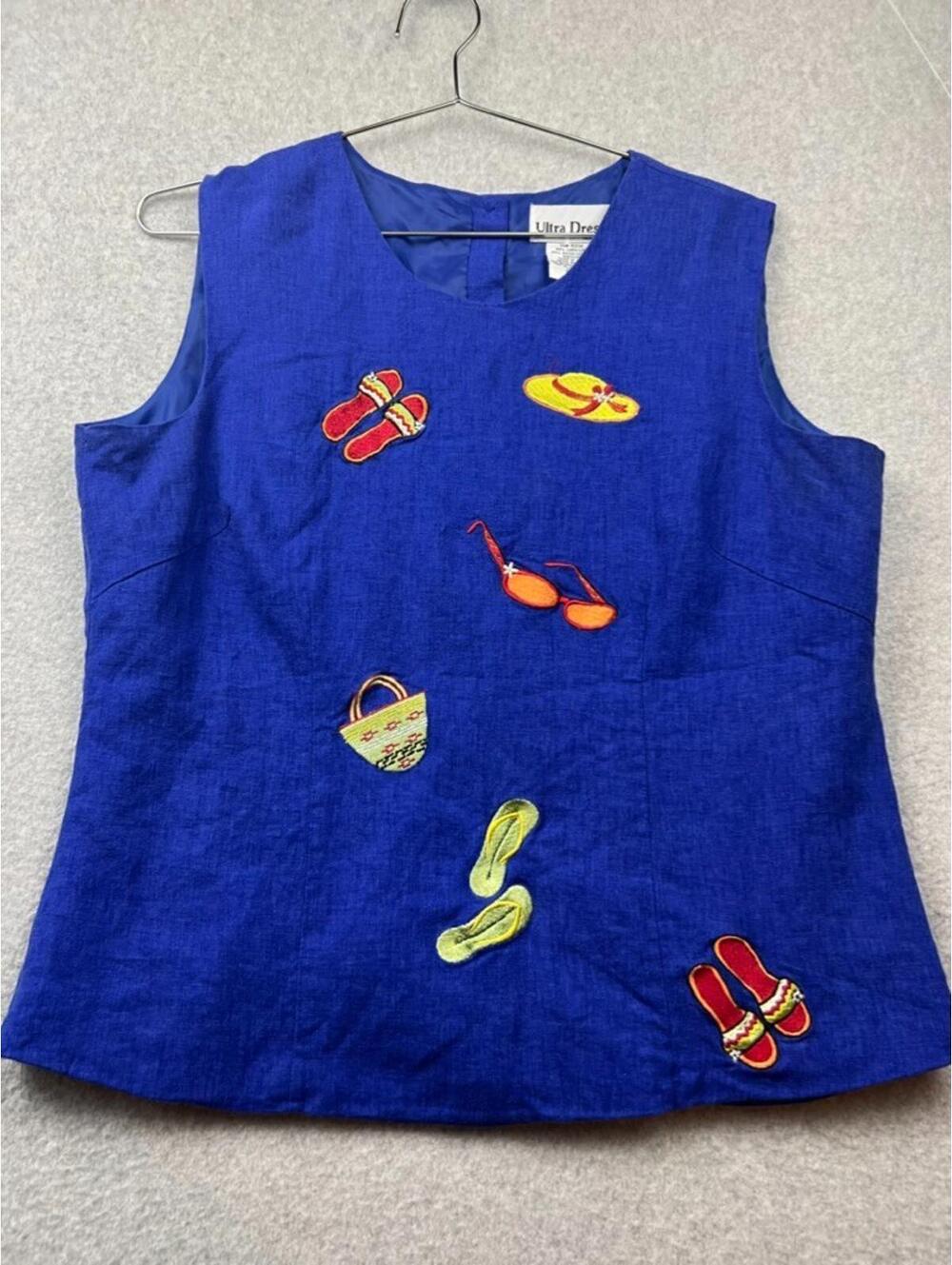 Vintage Ultra Dress Linen Blouse Button Up Top Womens 14 Embroidered Beach